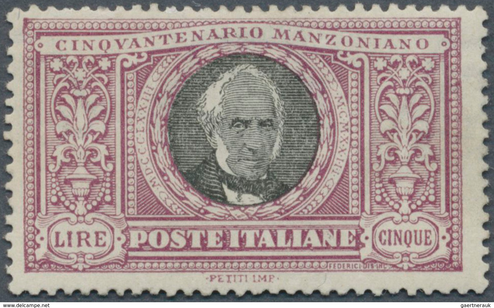 Italien: 1923, 5 L. Violet And Black, Mint Tiny Hinge Remain, Fine, Sassone Catalogue Value 500,- Eu - Ongebruikt