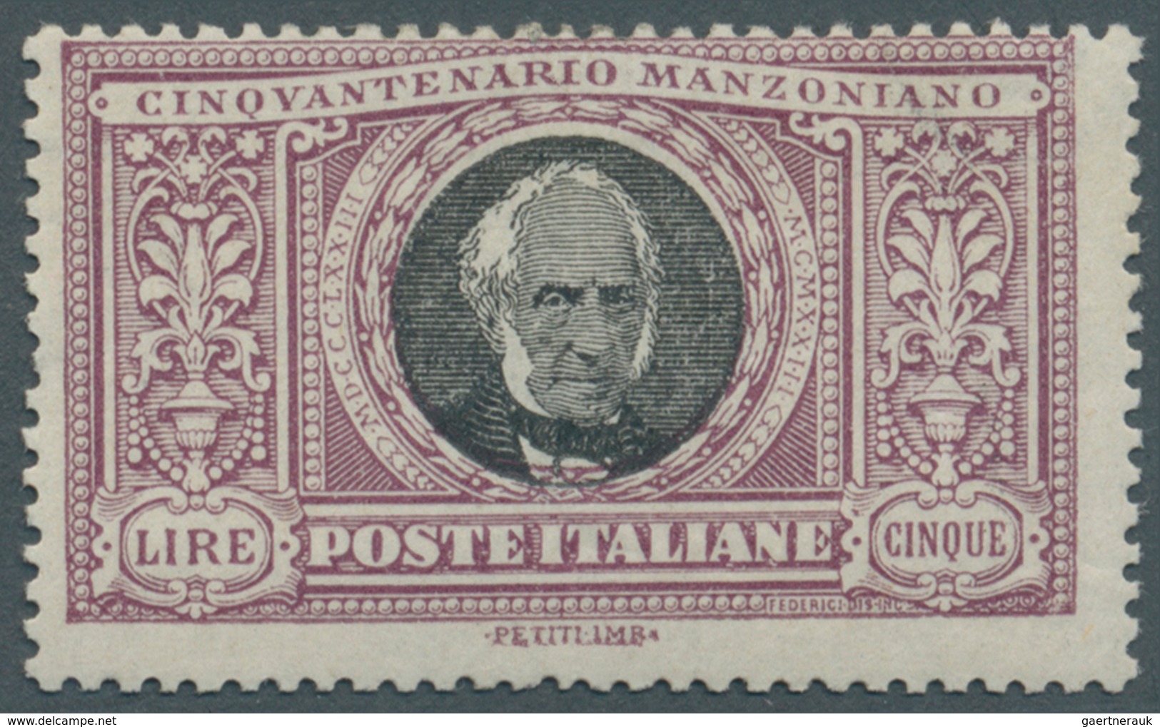 Italien: 1923, 5l. Manzoni Mint O.g., Signed A.Diena. Sass. 156, 1.000 € (2019) - Mint/hinged