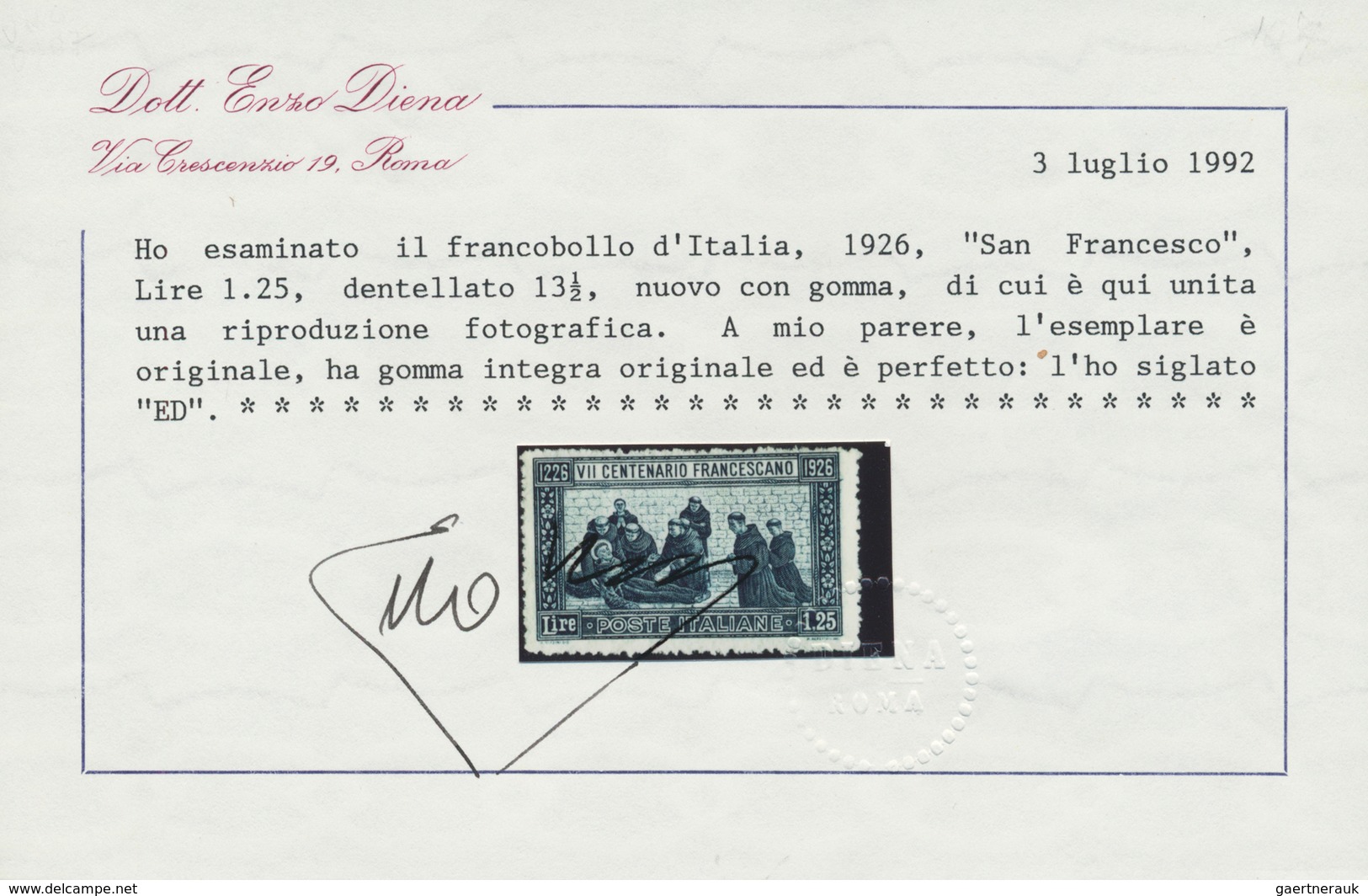 Italien: 1926, San Francesco, 1.25l. Blue In Rare Perf. 13½, Unmounted Mint, Signed And Certificate - Mint/hinged