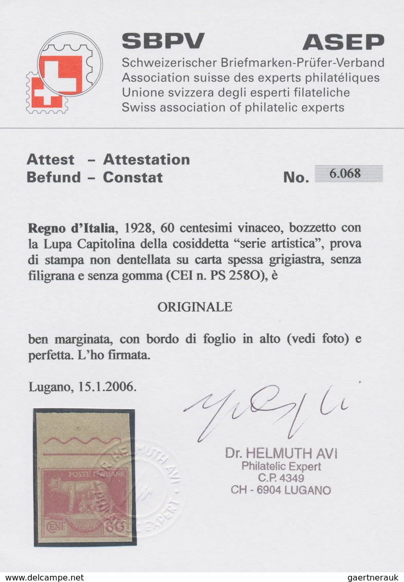 Italien: 1928: five values of the unissued series "Serie Artistica", printing proofs on gray paper w