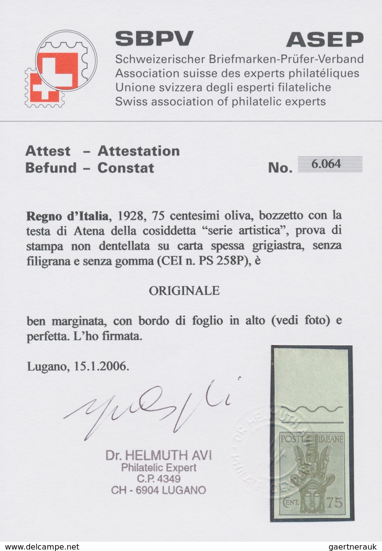 Italien: 1928: five values of the unissued series "Serie Artistica", printing proofs on gray paper w