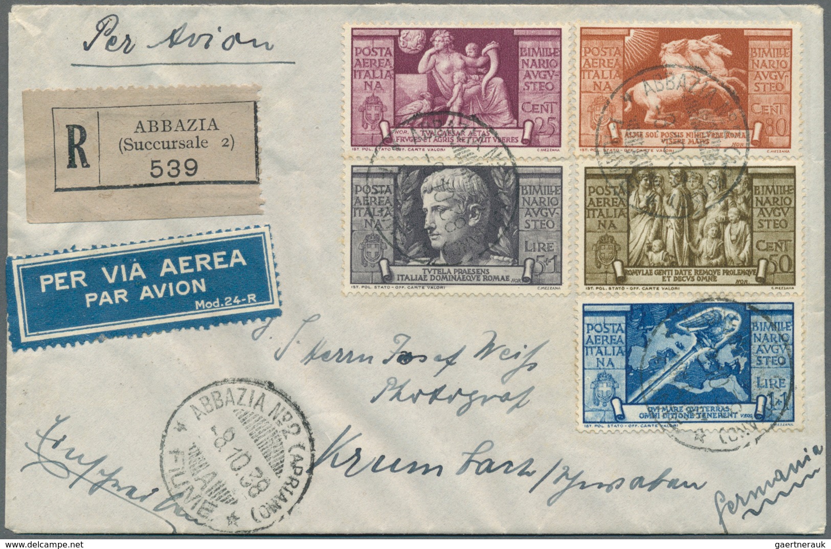 Italien: 1937, Augustus, 25 C - 5 L, Complete Set With 5 Airmail Stamps On Registered Airmail Cover - Ongebruikt