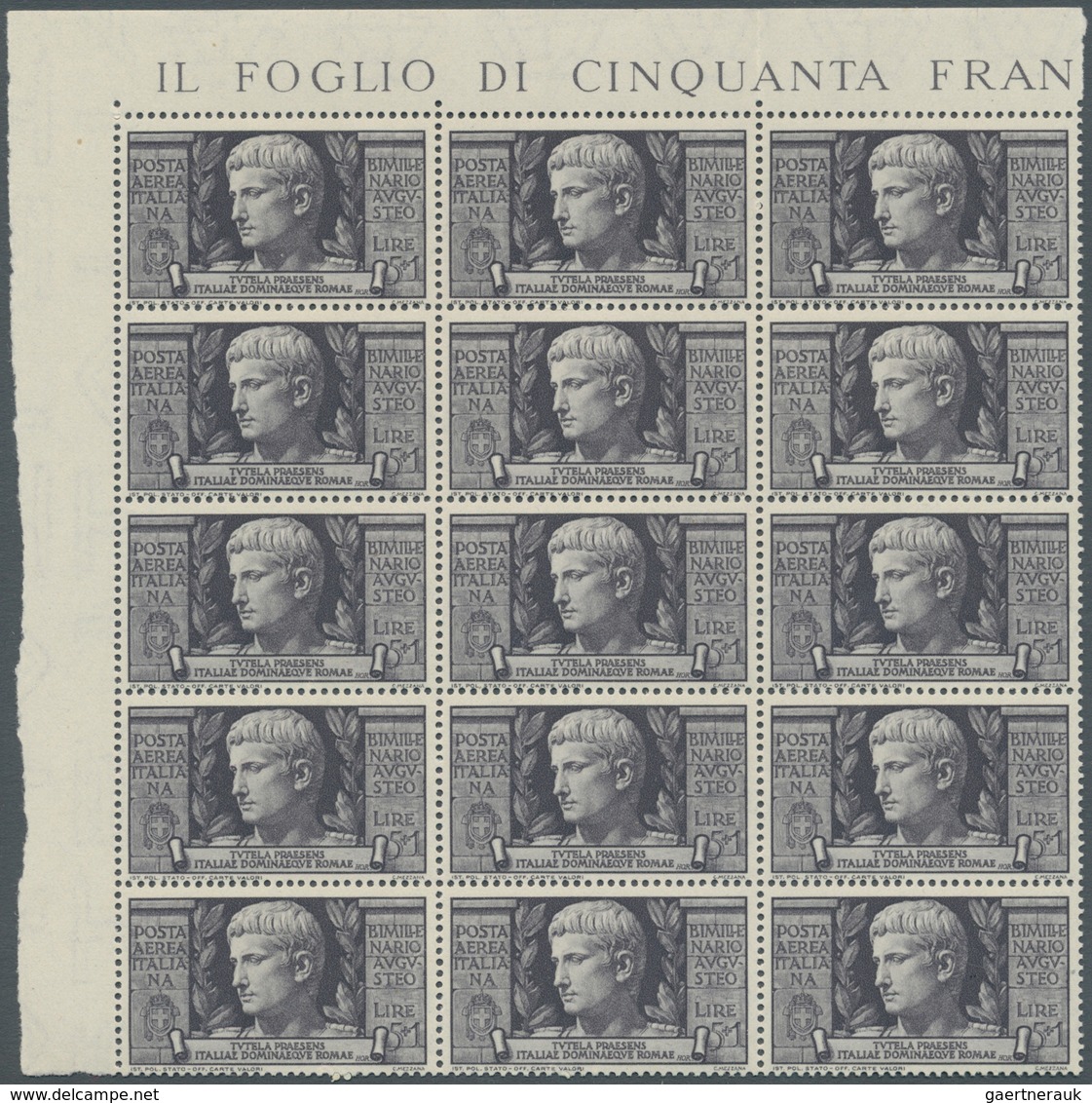 Italien: 1937, "AUGUSTO" Air Mail Stamps Complete Set Of 5 Values In Blocks Of 15 With Margins (80c. - Mint/hinged
