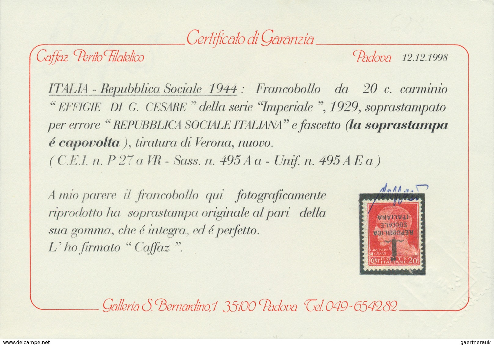 Italien: 1944, "REPUBBLICA SOCIALE" Overprints, 20c. Carmine "Julius Caesar", Mistakenly Overprinted - Ongebruikt