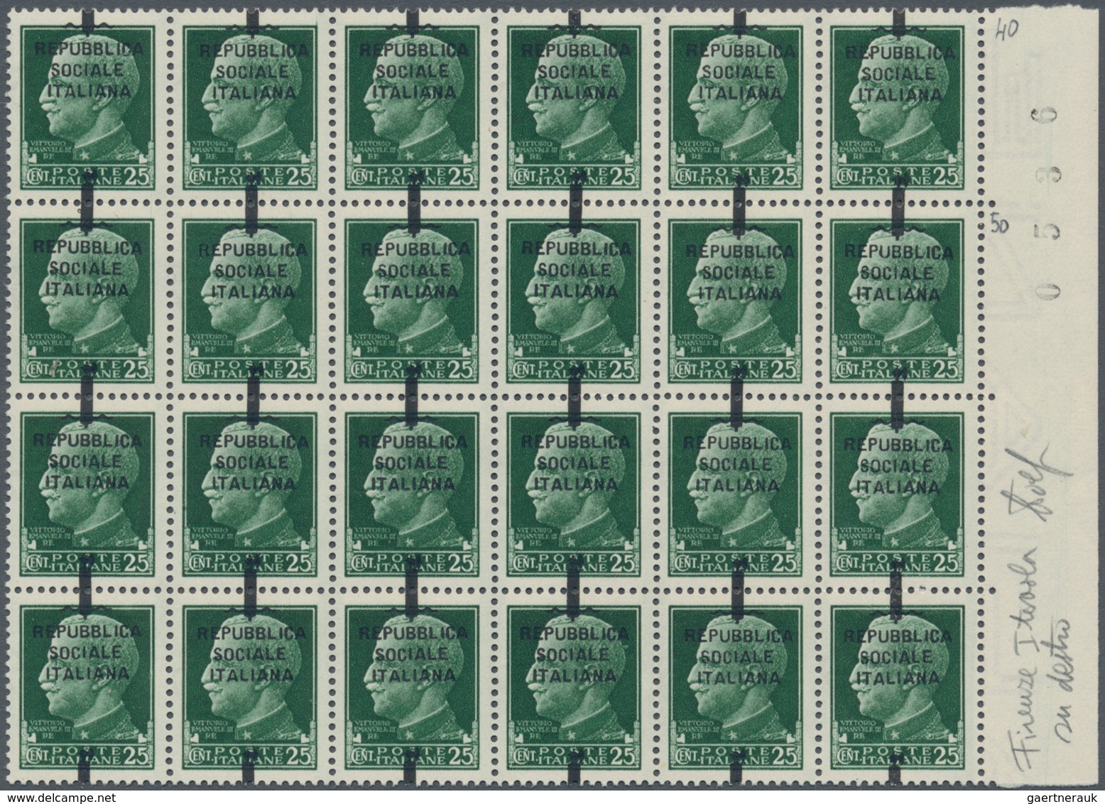 Italien: 1944, Victor Emanuel III. 25c. Green With HEAVY SHIFTED Black Opt. 'REPUBBLICA SOCIALE ITAL - Mint/hinged