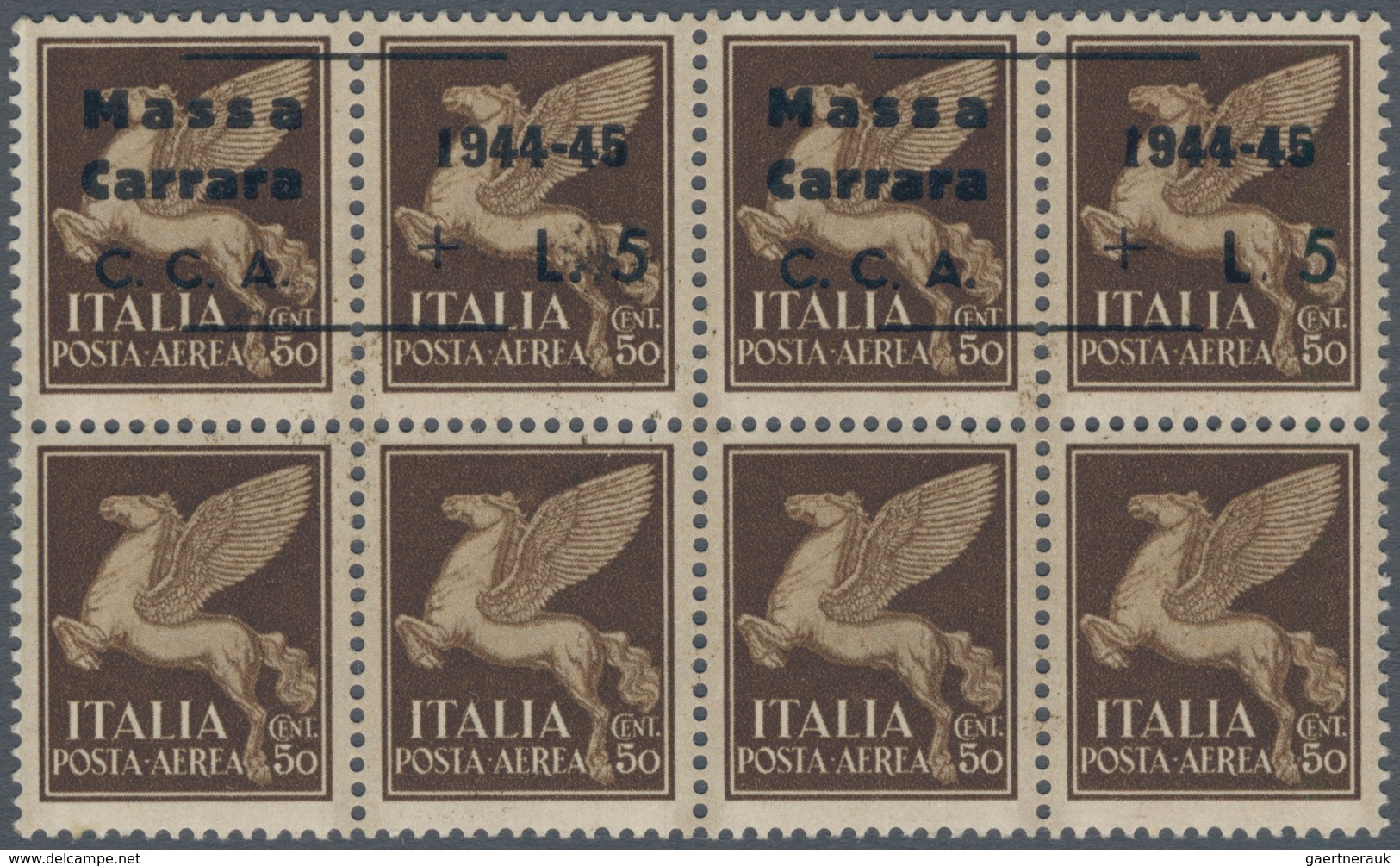 Italien: 1945, C.L.N. MASSA CARRARA Local Issue, 5 Lire On 50 C Brown Airmail Stamp, 12 Blocks Of Fo - Mint/hinged