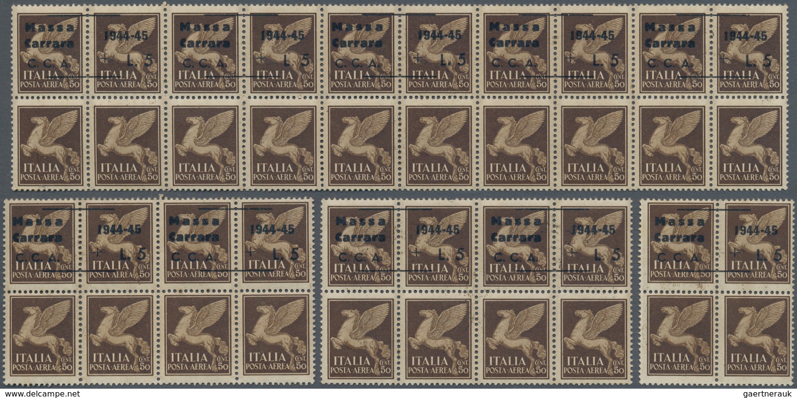 Italien: 1945, C.L.N. MASSA CARRARA Local Issue, 5 Lire On 50 C Brown Airmail Stamp, 12 Blocks Of Fo - Mint/hinged