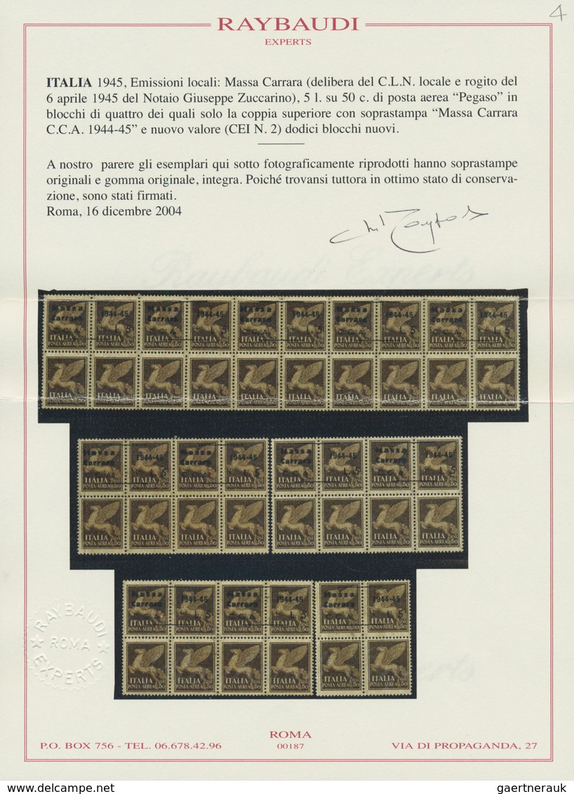 Italien: 1945, C.L.N. MASSA CARRARA Local Issue, 5 Lire On 50 C Brown Airmail Stamp, 12 Blocks Of Fo - Ongebruikt