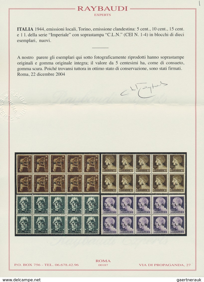 Italien: 1944, C.L.N. TORINO Local Issue, 5 C Brown, 10 C Grey-brown, 15 C Dark Green And 1 L Violet - Mint/hinged
