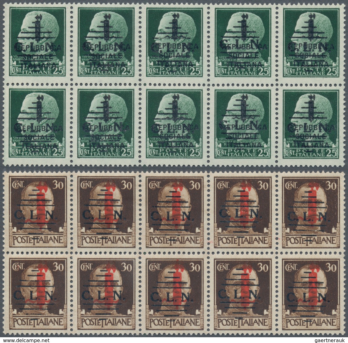 Italien: 1944, C.L.N. TORINO Local Issue, 25 C To 1.25 L, Ten Complete Sets (mostly Blocks Of 10) Wi - Ongebruikt