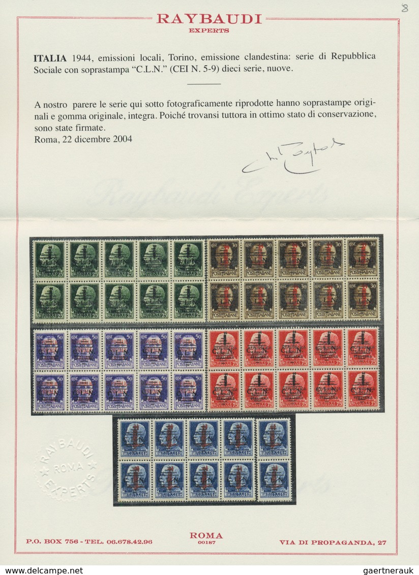 Italien: 1944, C.L.N. TORINO local issue, 25 C to 1.25 L, ten complete sets (mostly blocks of 10) wi