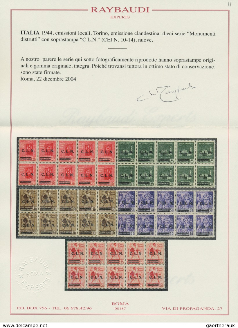 Italien: 1944, C.L.N. TORINO local issue, 20 C to 75 C "Monumenti distrutti", with horizontal ovp si