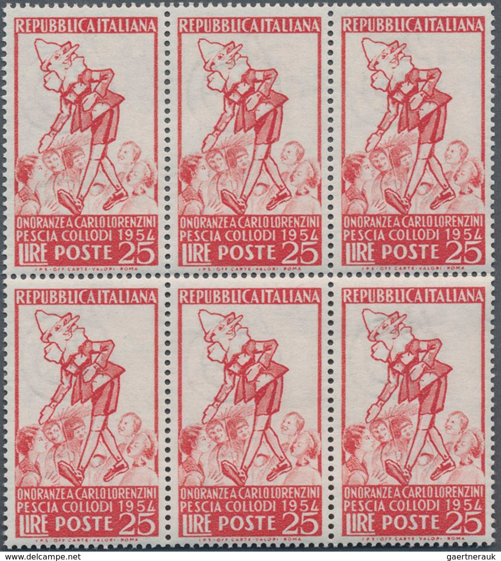 Italien: 1954, 25l. Red "Carlo Collodi/Pinocchio" Showing Variety "White Background", Block Of Six S - Mint/hinged