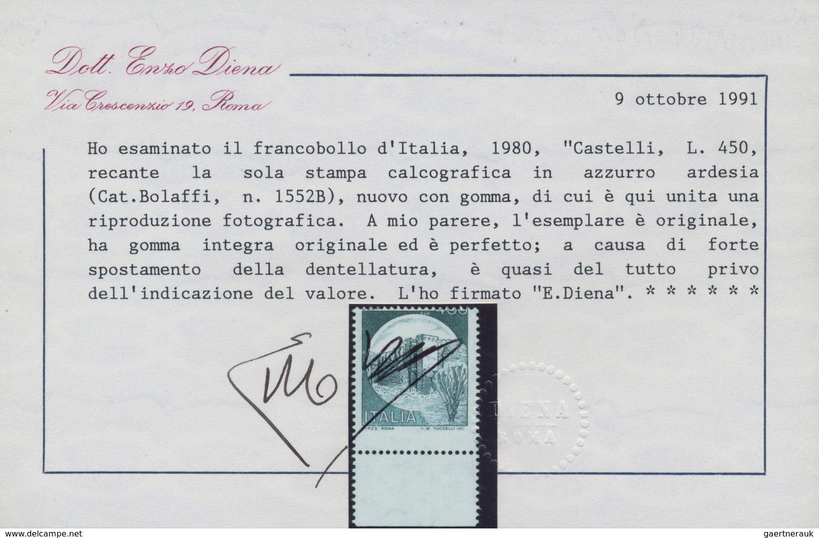 Italien: 1980, Definitive Issue 'Fort Bosa' 450l. From Lower Margin With SHIFTED PERFORATION To Bott - Ongebruikt