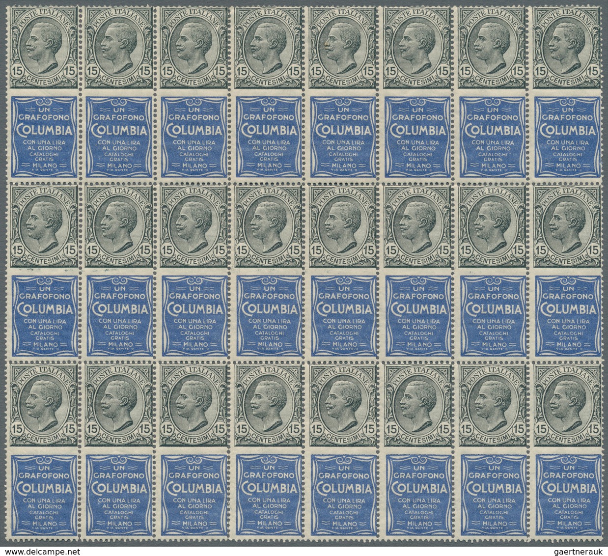 Italien - Zusammendrucke: 1924, Francobolli Pubblicitari 15c. Grey Blue "COLUMBIA" Block Of 24, Mint - Zonder Classificatie