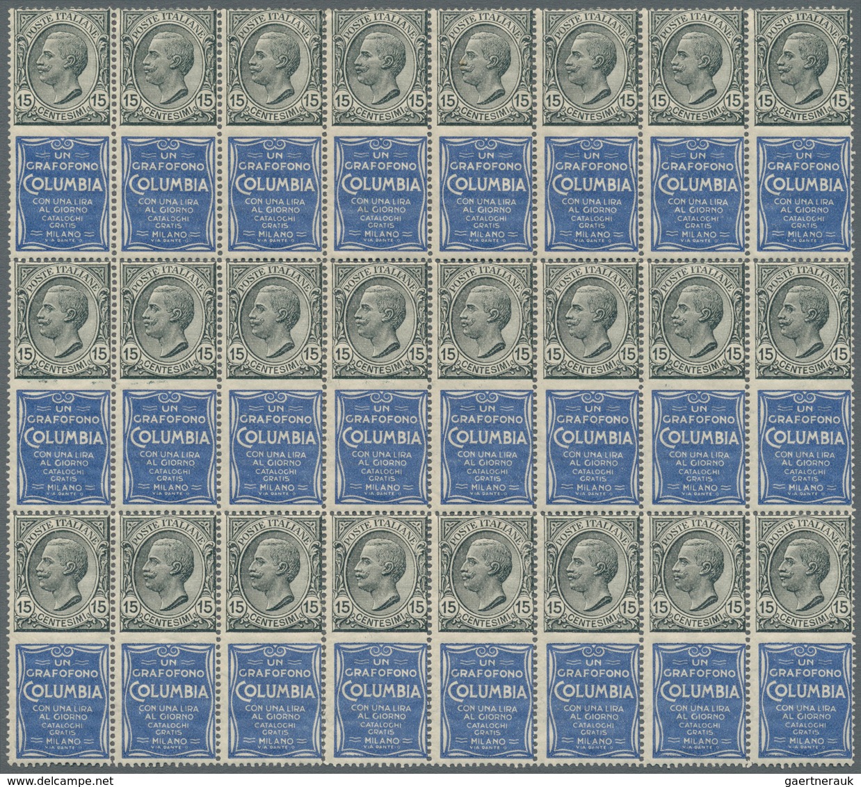 Italien - Zusammendrucke: 1924, Francobolli Pubblicitari 15c. Grey Blue "COLUMBIA" Block Of 24, Mint - Unclassified