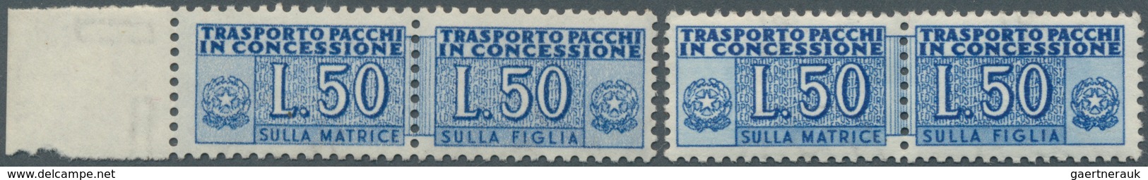 Italien - Gebührenmarken: Paketzustellung: 1953, 50l. Blue, 75l. Brown And 110l. Purple, Four U/m Co - Pacchi Postali