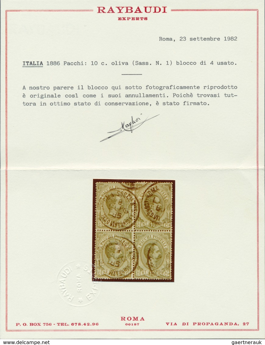 Italien - Paketmarken: 1884, König Umberto I. 10 C. Dunkeloliv Im Viererblock Mit Stempeln 'ROMA SUC - Postal Parcels