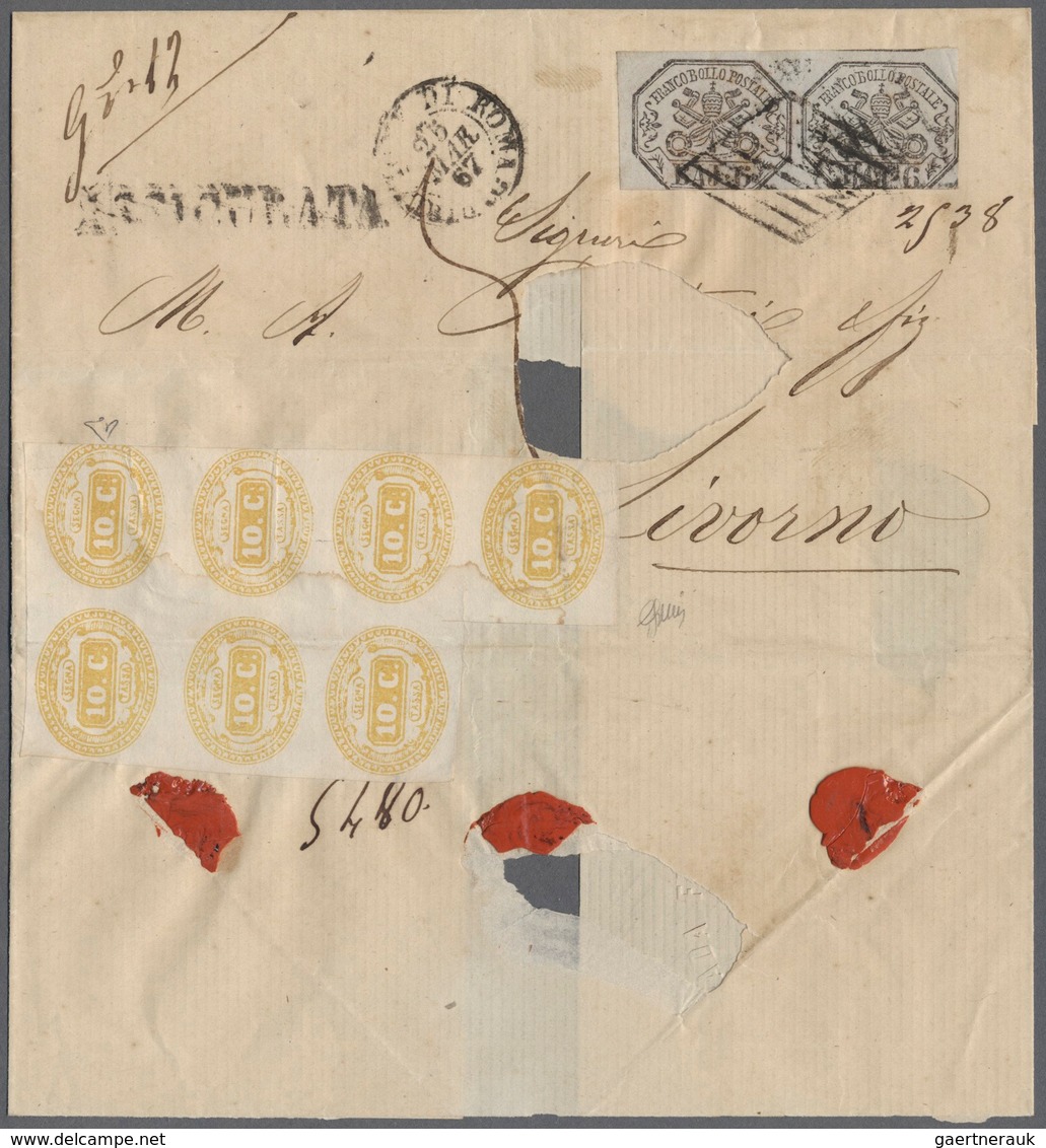 Italien - Portomarken: 1867, Letter From Rome To Livorno, Franked To The Border With A Pair Of The 6 - Strafport