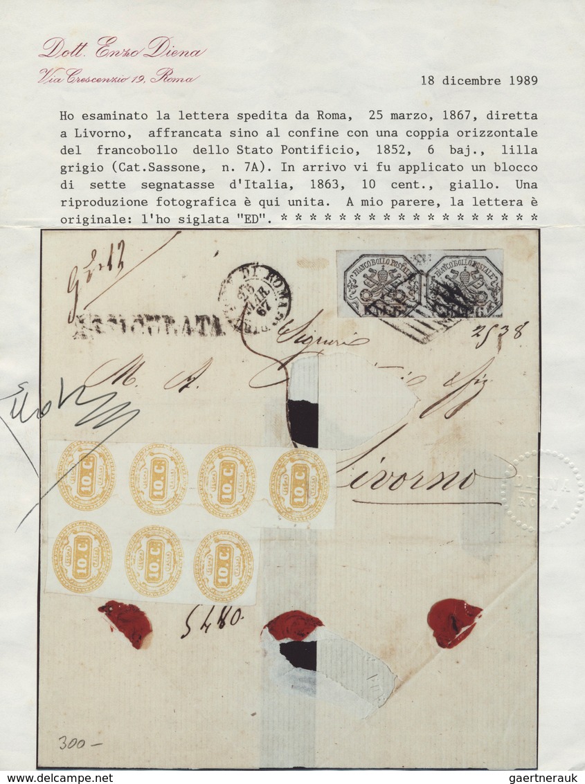 Italien - Portomarken: 1867, Letter From Rome To Livorno, Franked To The Border With A Pair Of The 6 - Strafport