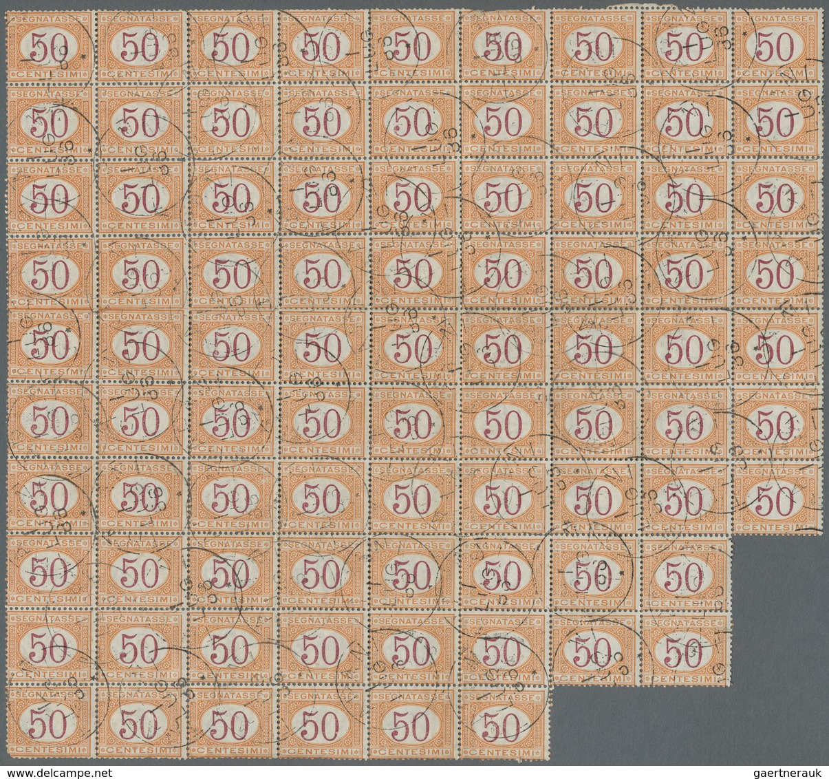 Italien - Portomarken: 1870, "50 C. Orange And Carmin", Block Of 85 Used With TRAPANI 1 LUG 86 Postm - Postage Due