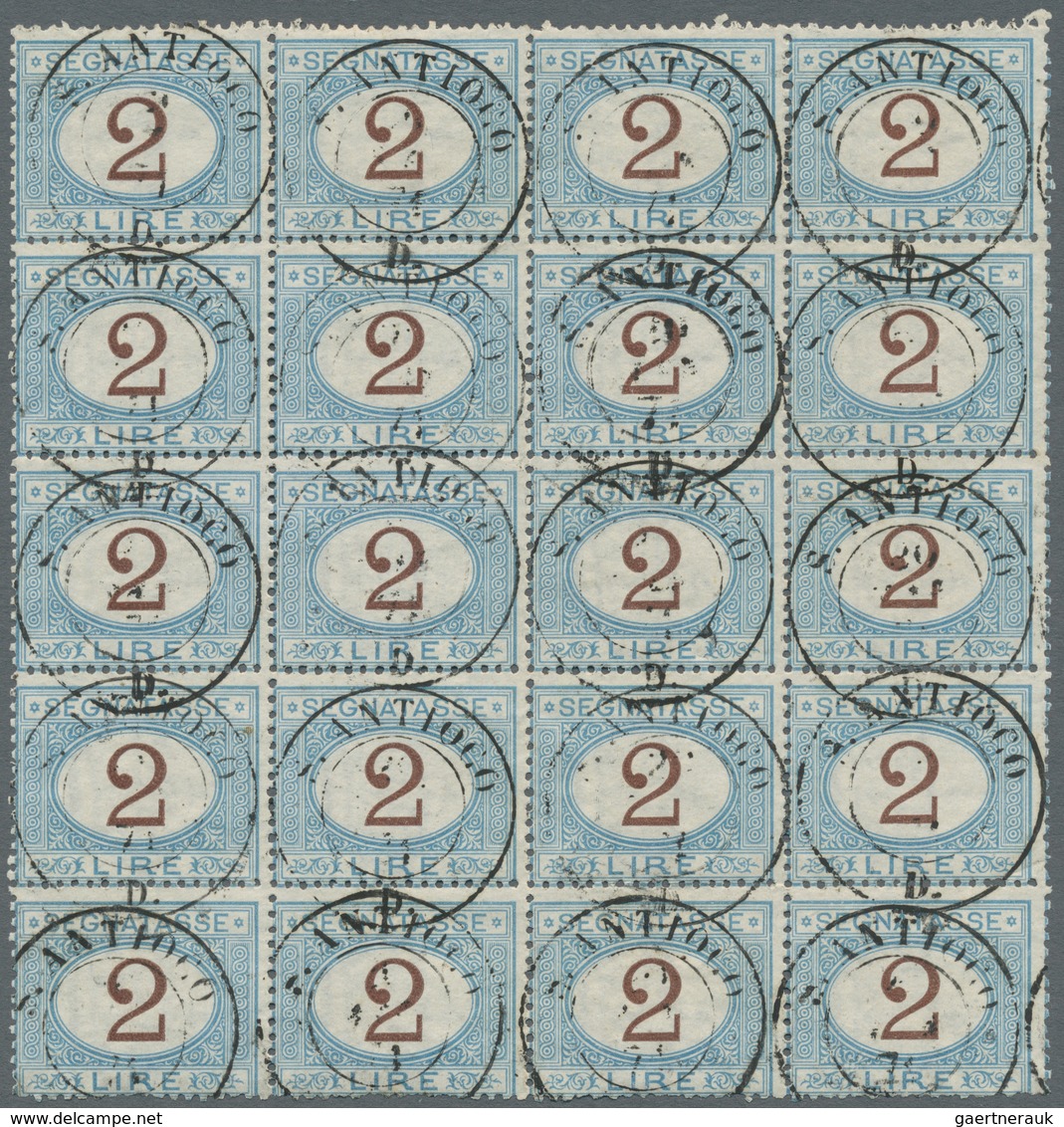 Italien - Portomarken: 1870, "2 L. Blue And Brown" (Sassone No. 12) In A Block Of 20 Used With Multi - Strafport