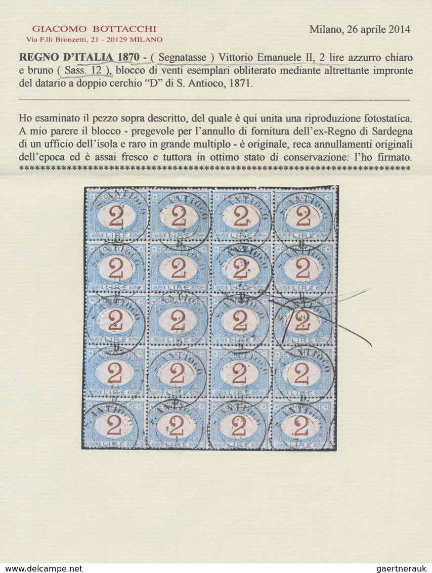 Italien - Portomarken: 1870, "2 L. Blue And Brown" (Sassone No. 12) In A Block Of 20 Used With Multi - Strafport