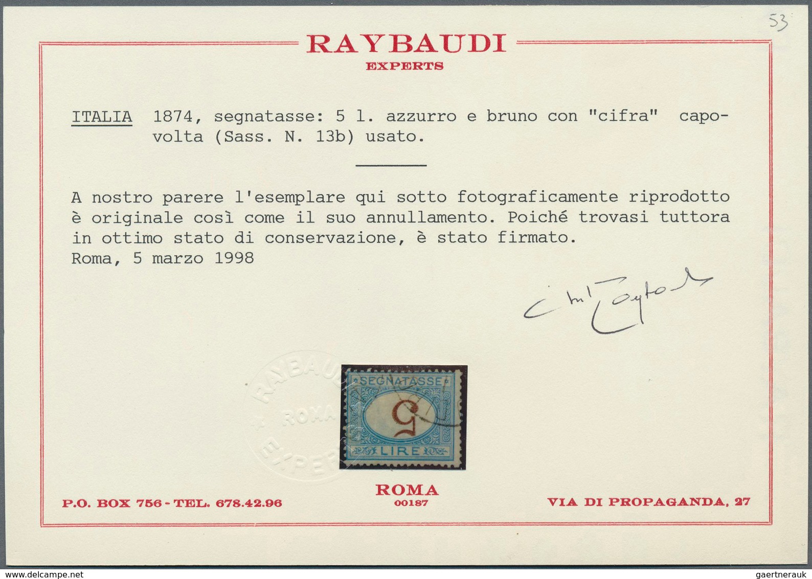 Italien - Portomarken: 1874, 5l. Blue/brown With Inverted Overprint, Fresh Colour, Well Perforated, - Strafport