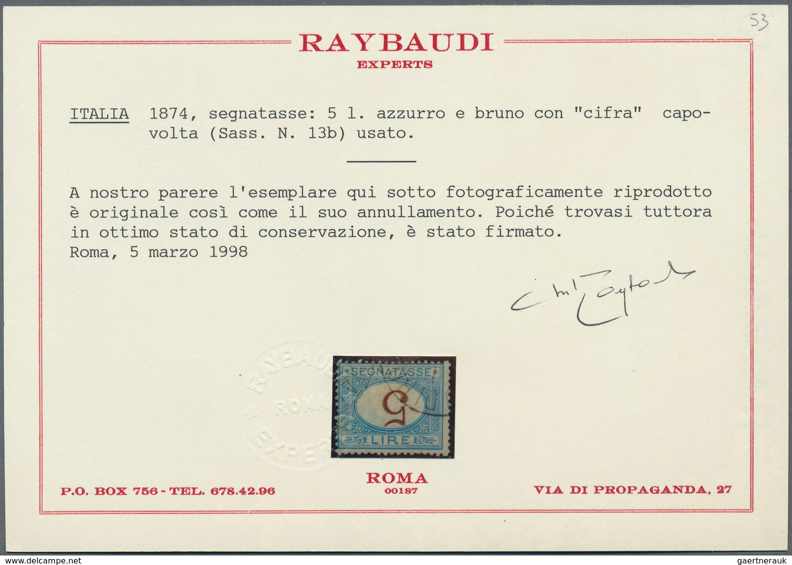 Italien - Portomarken: 1874, 5l. Blue/brown With Inverted Overprint, Fresh Colour, Well Perforated, - Segnatasse