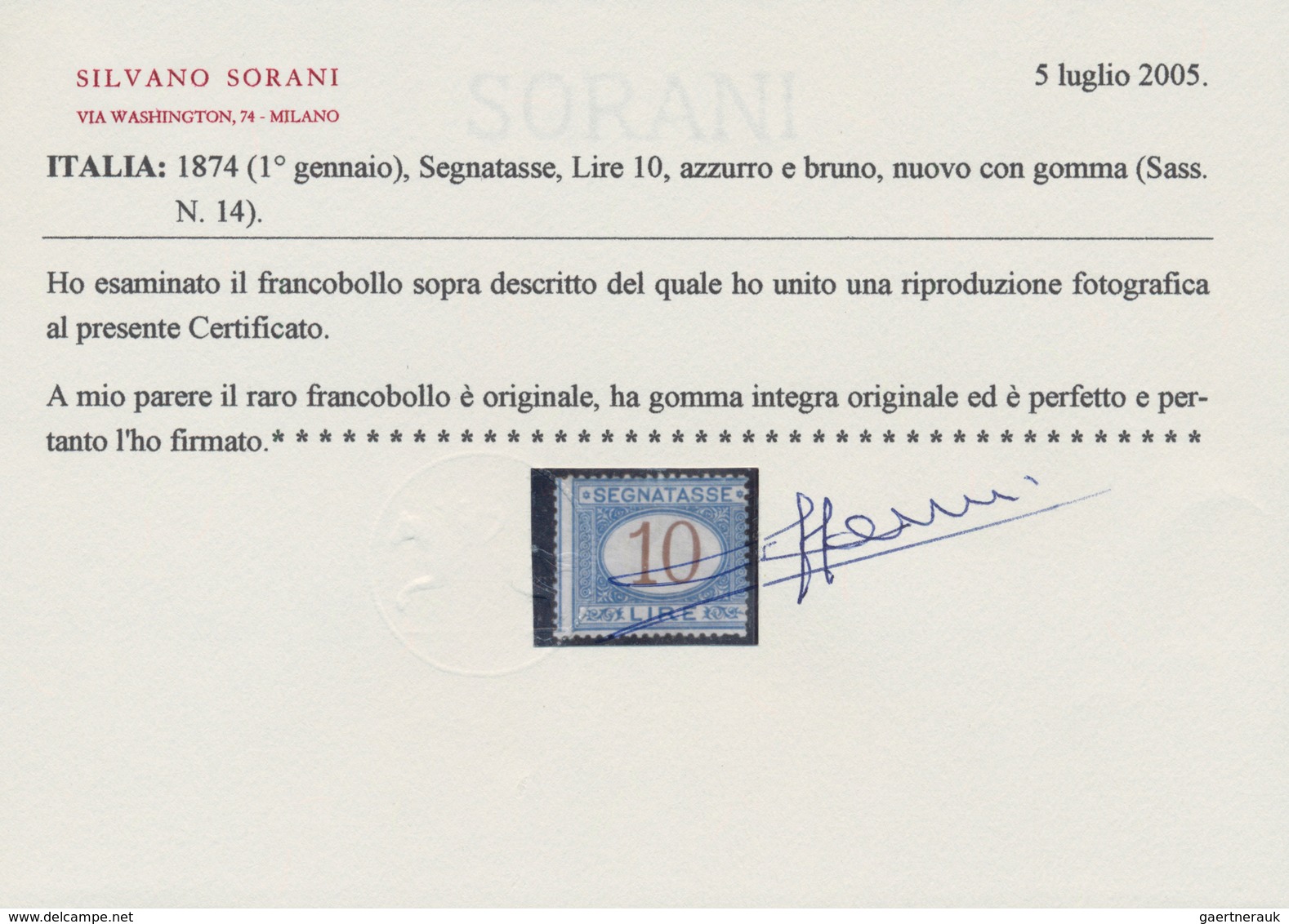 Italien - Portomarken: 1874: 10 Lire Postage Due, Blue And Brown, MNH, Signed And Certificate Silvan - Segnatasse