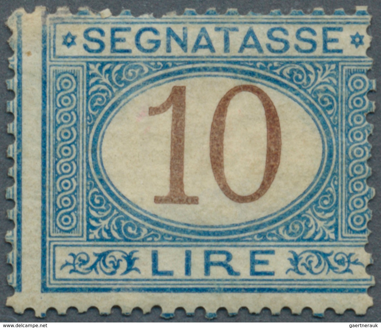 Italien - Portomarken: 1870: 10 Lire Segnatasse Blue And Brown, Typical Shifted Perforation, Short D - Strafport