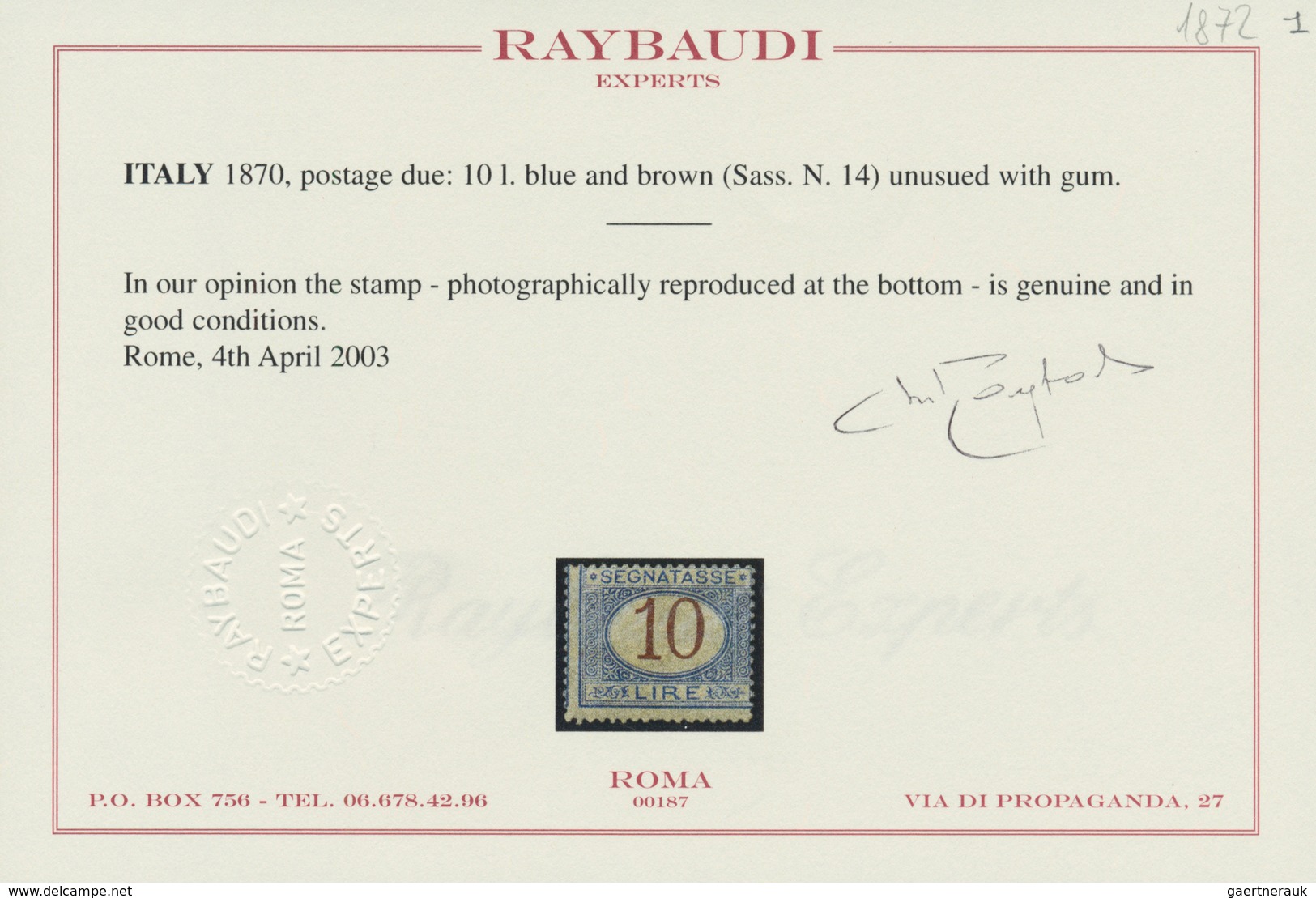 Italien - Portomarken: 1874, 10 Lire Blue And Brown, Mint With Gum, Fine Condition. Certificate Rayb - Strafport