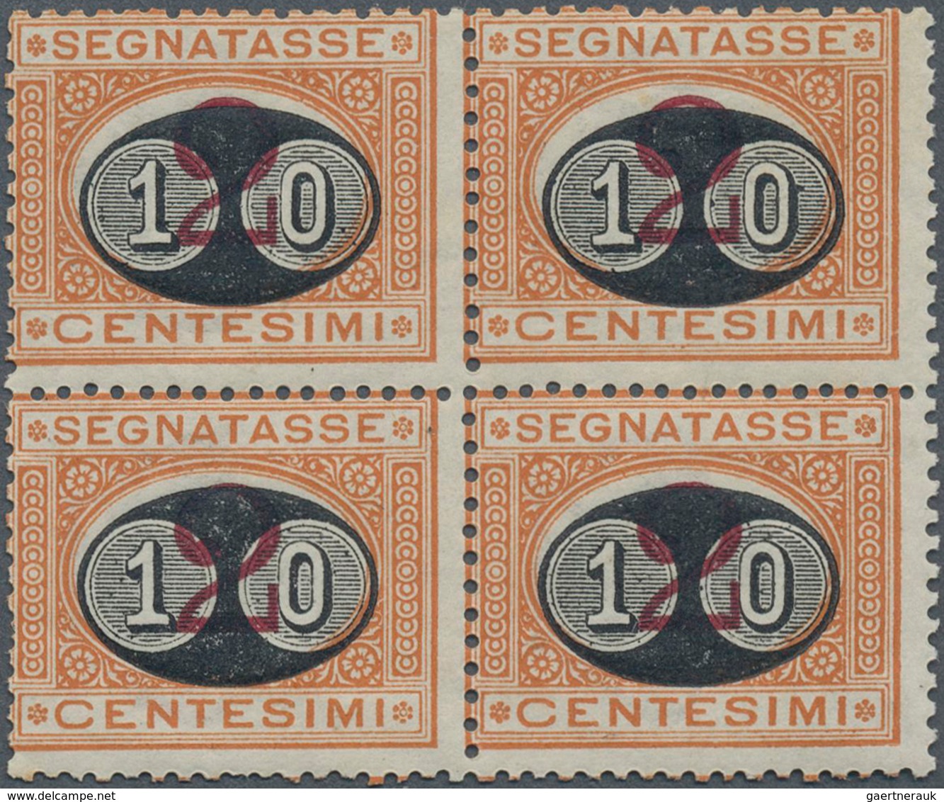 Italien - Portomarken: 1891, 10c. On 2c. Ocre/carmine, Block Of Four With Downwards Shifted Overprin - Segnatasse