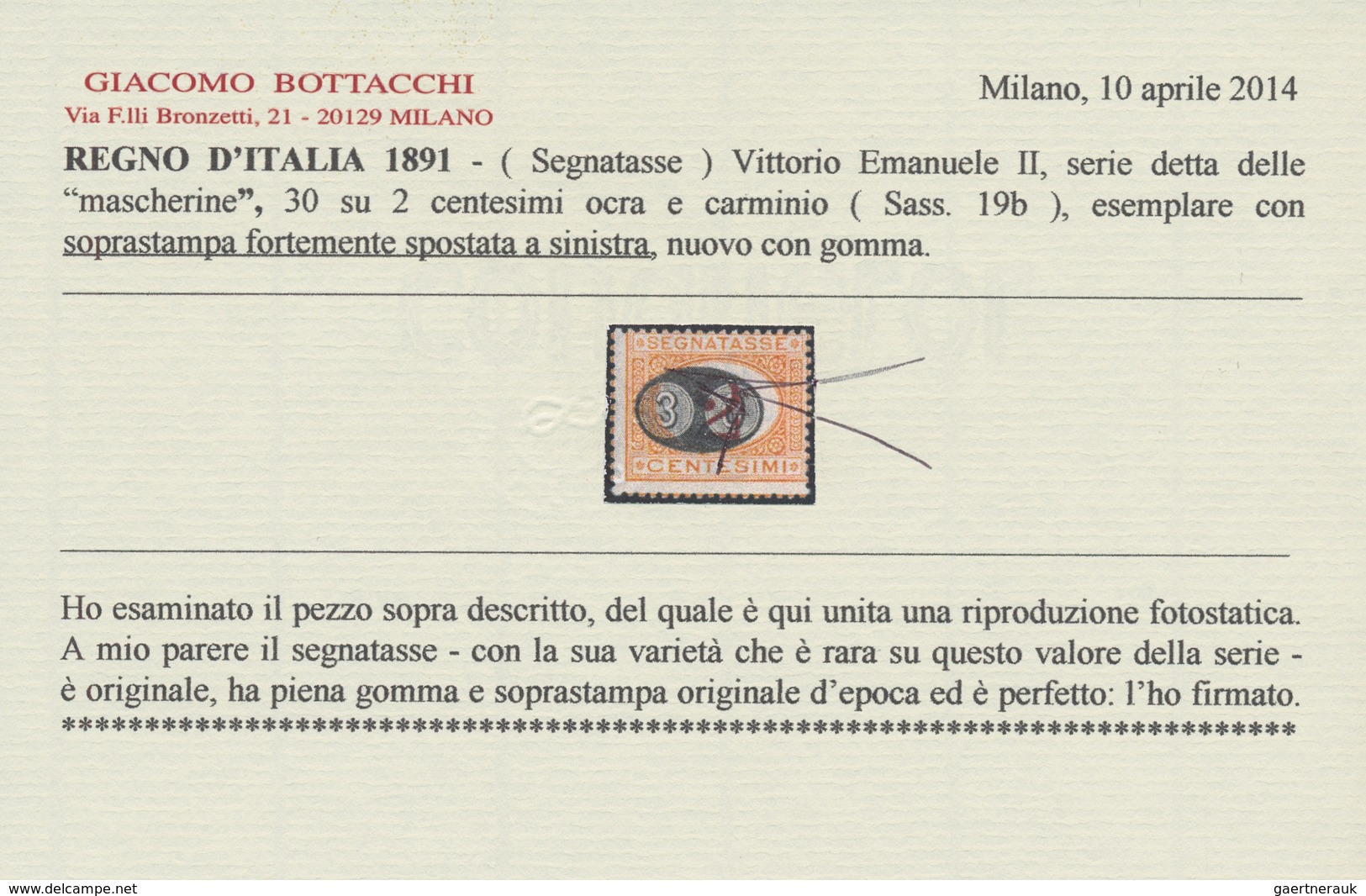 Italien - Portomarken: 1890, "30 On 2 C. Orange And Carmine" Showing The Sucharge Strongly Shifted T - Strafport