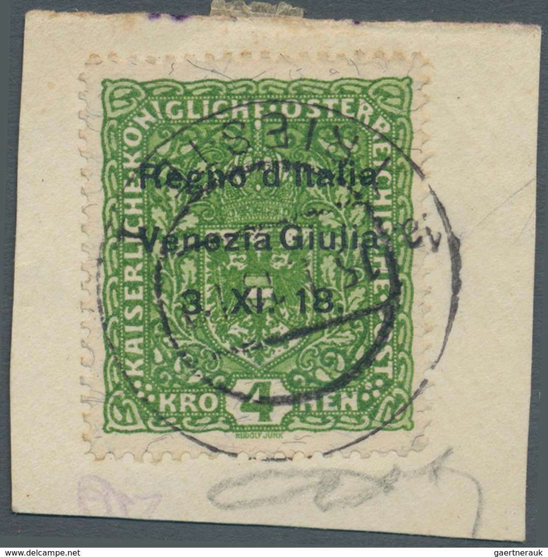 Italienische Besetzung 1918/23 - Julisch-Venetien: 1918, 4kr. Bright Green On Piece, Clearly Oblit. - Venezia Giulia