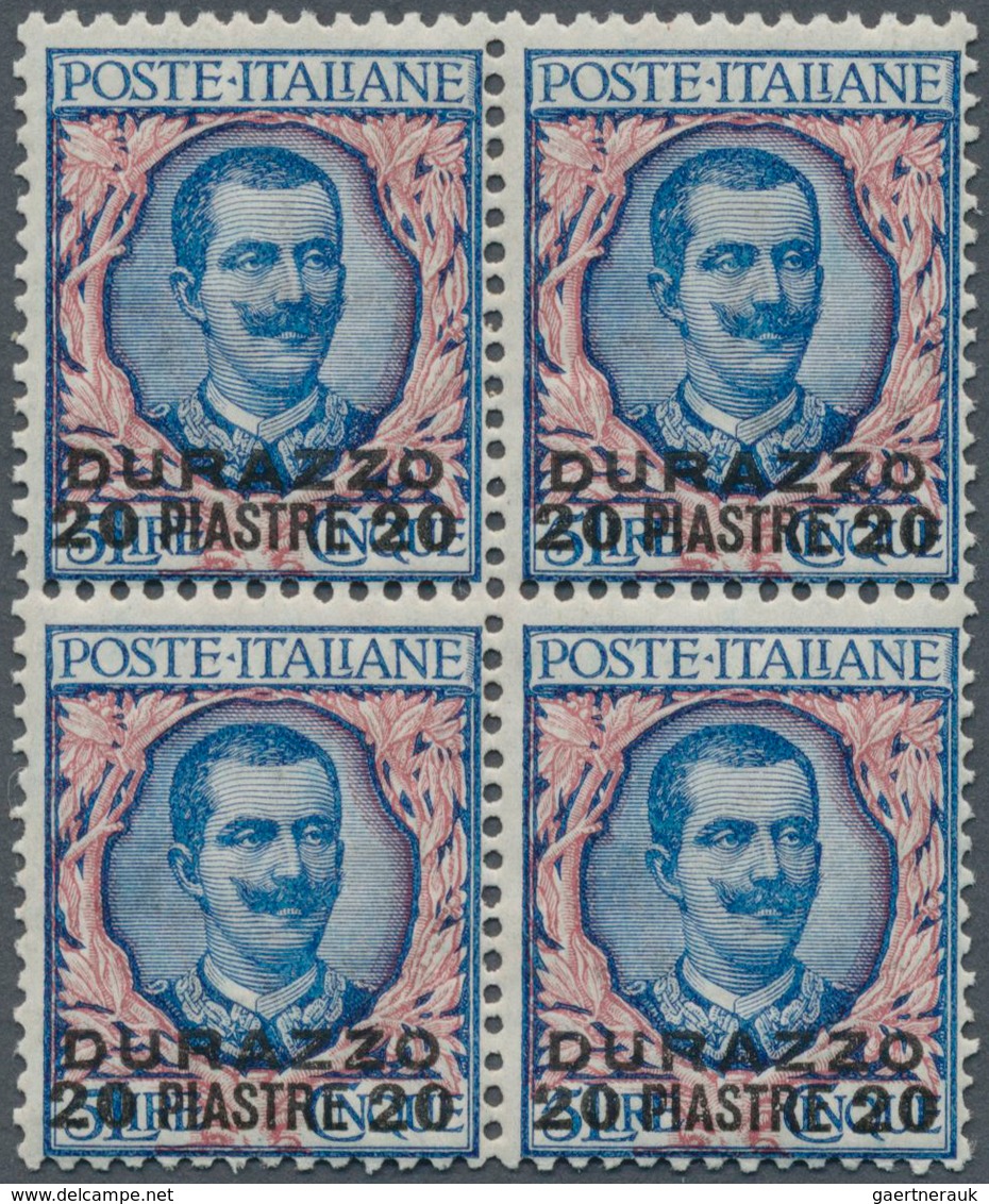 Italienische Post In Albanien: 1909, 20pi. On 5l. Blue/rose, BLOCK OF FOUR, Fresh Colour, Well Perfo - Albanië