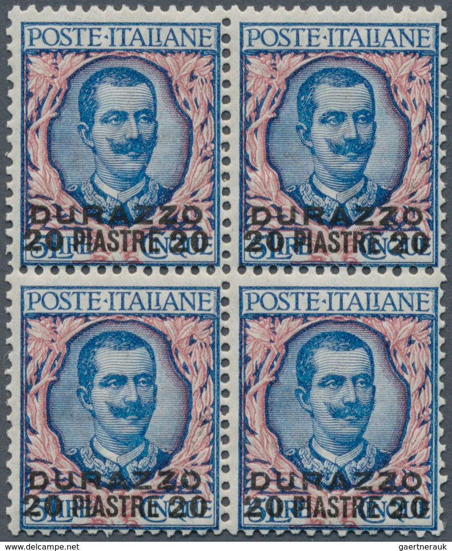 Italienische Post In Albanien: 1909, 20pi. On 5l. Blue/rose, BLOCK OF FOUR, Fresh Colour, Well Perfo - Albania