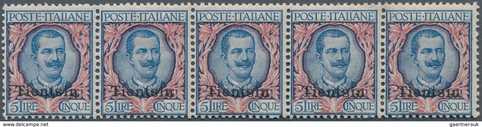 Italienische Post In China: 1917, Tientsin 5l. Ultramarine/rose, Horizontal Strip Of Five, Fresh Col - Tientsin