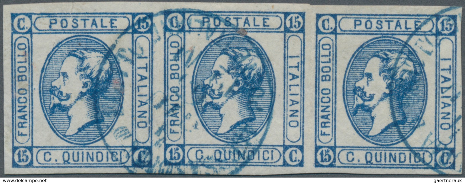 Italienische Post In Der Levante: 1863 15 C. Blue, Imperforate Strip Of Three With Large Margins All - Algemene Uitgaven