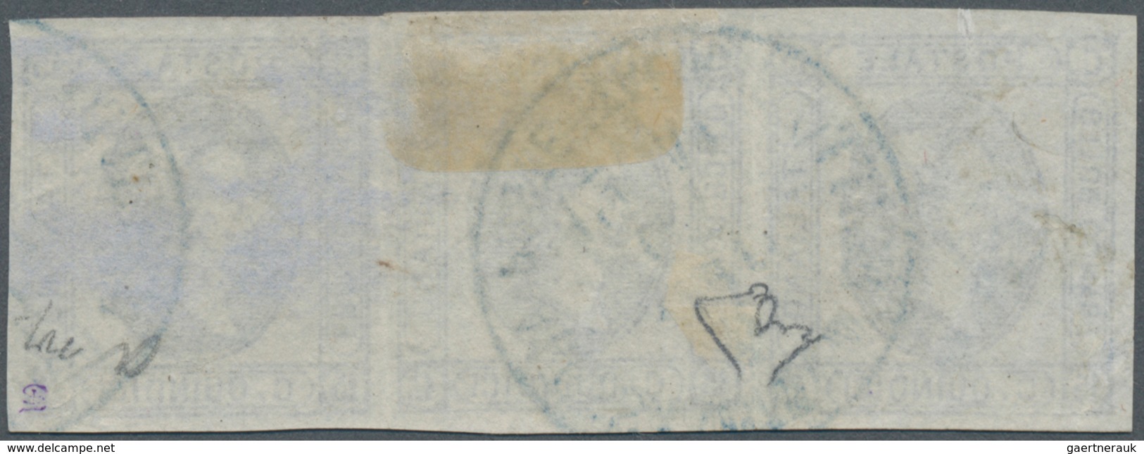 Italienische Post In Der Levante: 1863 15 C. Blue, Imperforate Strip Of Three With Large Margins All - Algemene Uitgaven