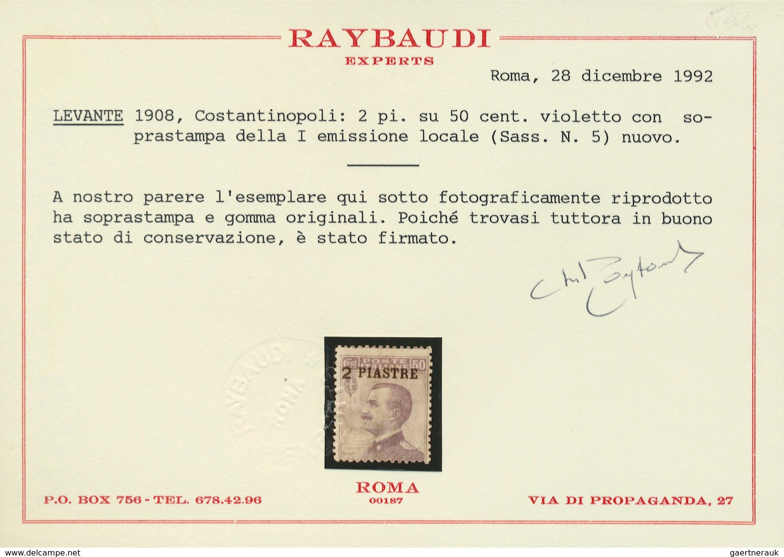 Italienische Post In Der Levante: 1908, 2 PIASTRE On 50c. Violet, Mint Original Gum Previously Hinge - Emissioni Generali