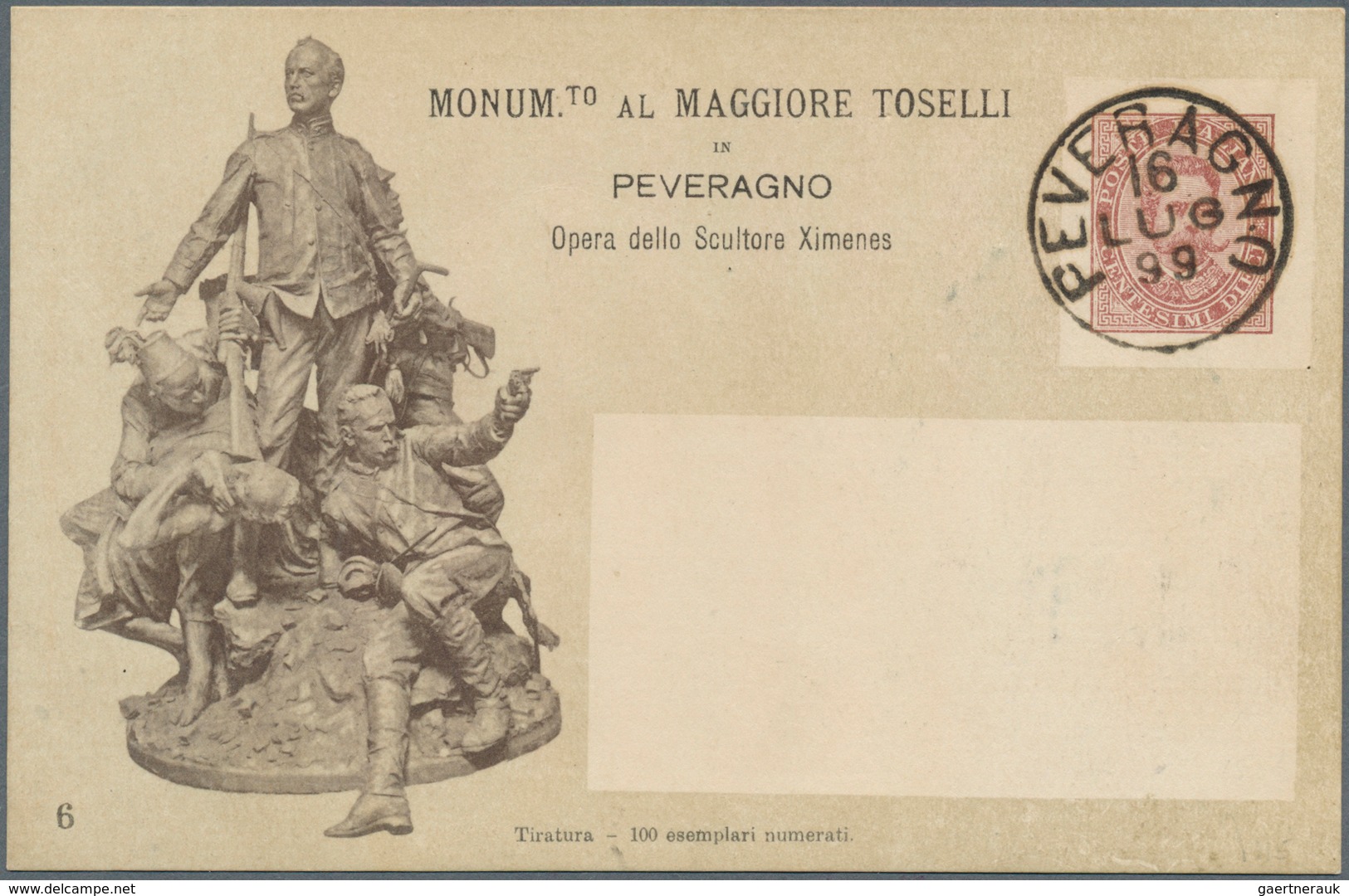 Italien - Ganzsachen: 1898: "Magiore Toselli" , Rare Postal Stationery Card (100 Copies Printed On P - Interi Postali