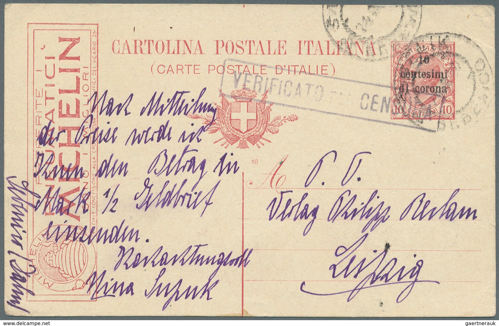 Italien - Ganzsachen: 1919, 14.3., Postal Stationary With Advertising "Pneumatici Michelin" And Over - Postwaardestukken