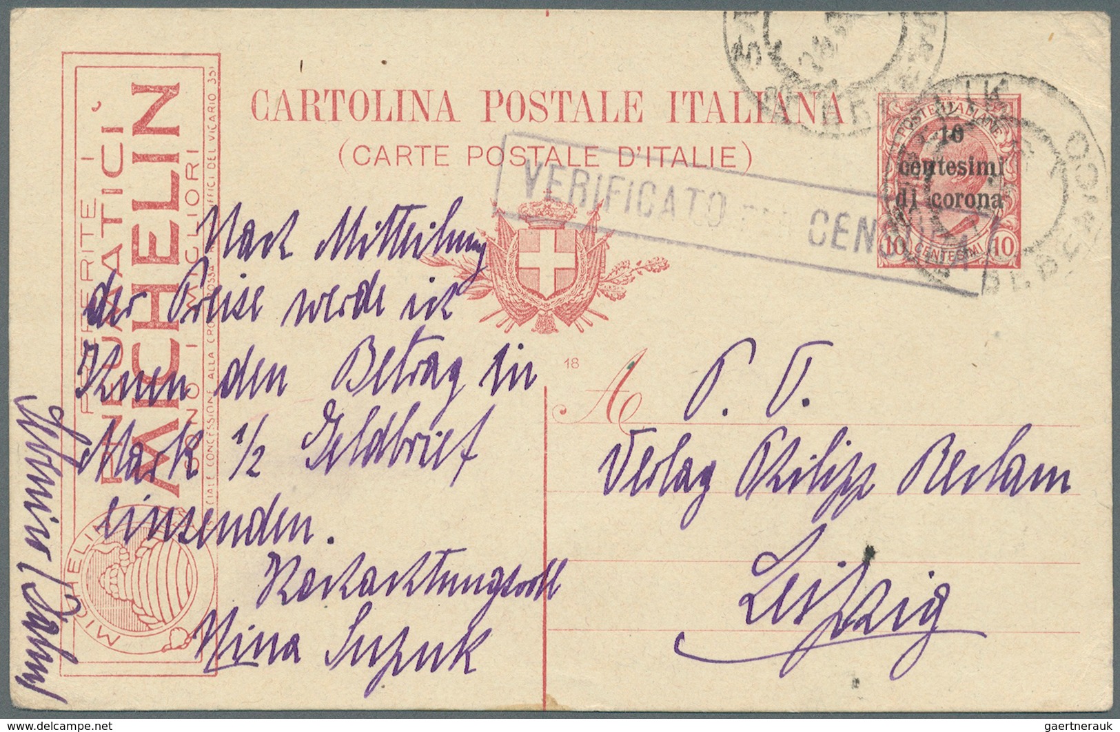 Italien - Ganzsachen: 1919, 14.3., Postal Stationary With Advertising "Pneumatici Michelin" And Over - Stamped Stationery