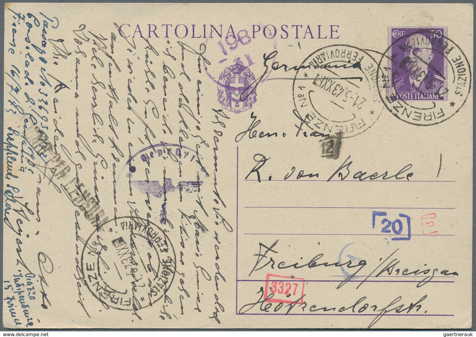 Italien - Ganzsachen: 1943, 30 Cent. Stationery Card Sent From "FIRENZE No. 1" With Some Censor Mark - Postwaardestukken