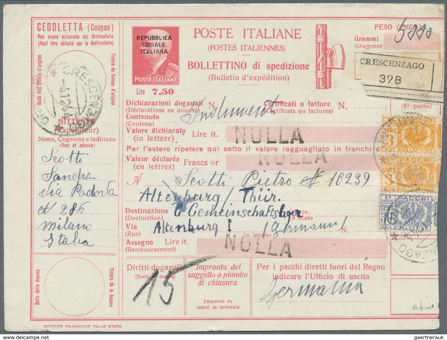 Italien - Ganzsachen: 1944, Social Republic, 7,50 Lire Red Parcel Stationery Card Ovpd "REPUBBLICA S - Postwaardestukken