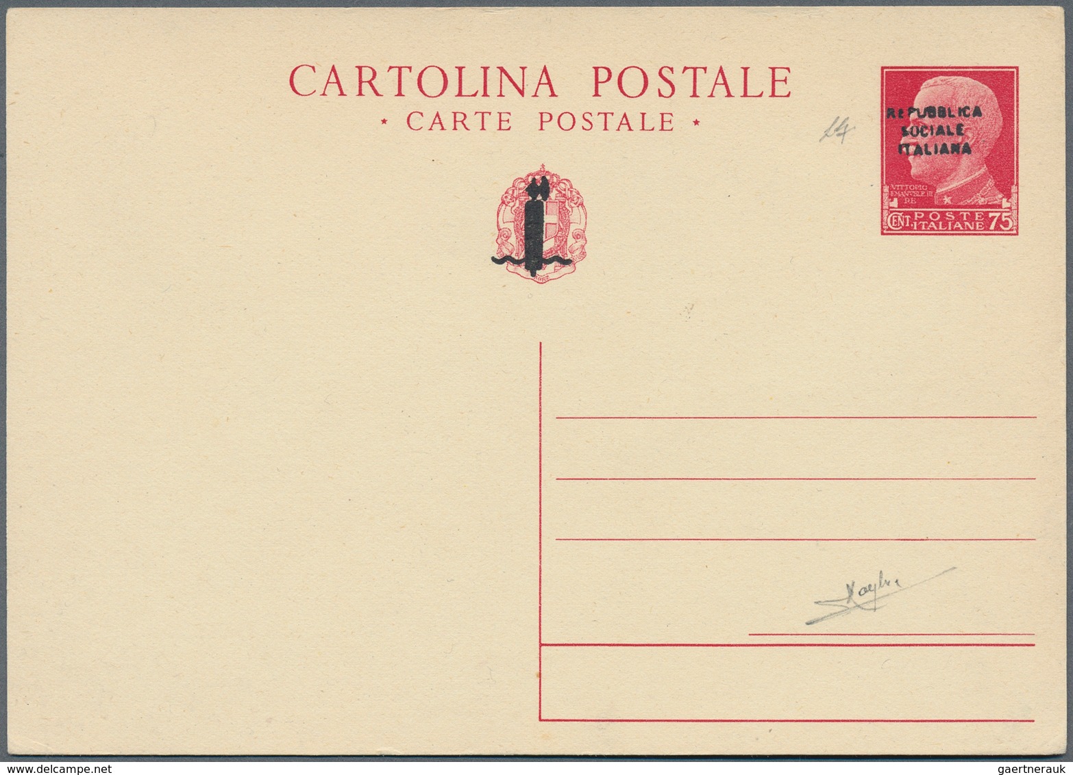 Italien - Ganzsachen: 1944, Overprint Issue 75 C. Postal Stationery Card, Unused, Fine, Signed Rayba - Postwaardestukken