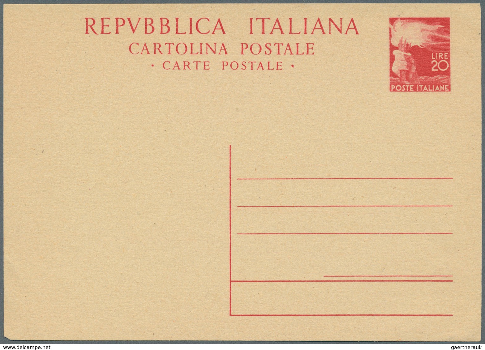 Italien - Ganzsachen: 1947, Stationery Card 20l. Red On Cream, Unused, Slight Imperfection In Lower - Interi Postali