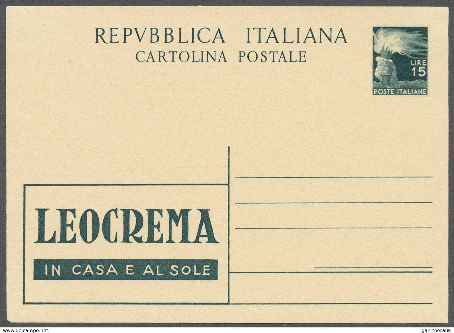 Italien - Ganzsachen: 1949, Stationery Card 15l. Green On Yellowish With Advertisement "LEOCREMA", U - Interi Postali