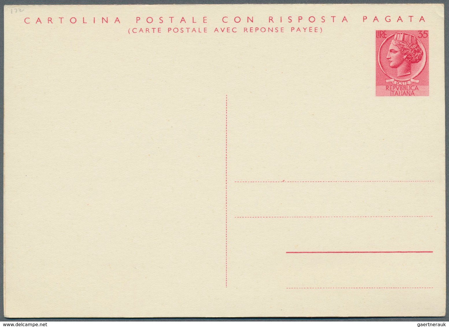 Italien - Ganzsachen: 1956: 35 L + 35 L Bilingual Replay Postal Stationary Card, Unused, Rare. (Mi. - Interi Postali